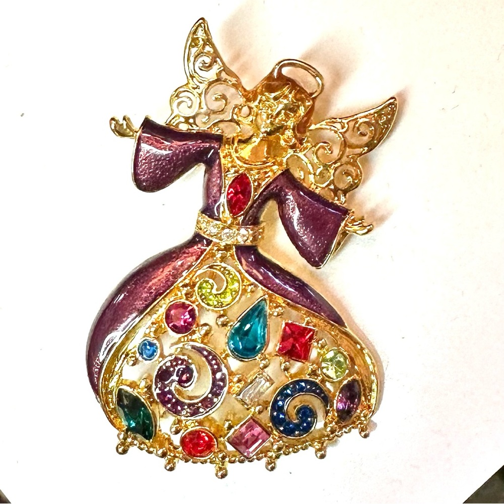 Miriam Haskell Holiday Collection Angel Pin Brooch Rhinestone Enamel
